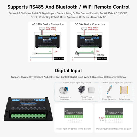 Diagram showing Industrial 8-Channel ESP32-S3 WiFi Relay Module with onboard RS485, digital input wiring, and AC/DC connections.