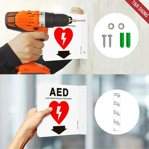 Installing AED Sign With Down Arrow 6 By 6 Inch Acrylic Wall Sign 2 Pack Pre Drilled Holes Includes Matching Screws Easy Mount