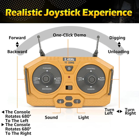 Epic RC Excavator Toy With 680 Degree Rotation remote control featuring realistic joystick experience and control functions.
