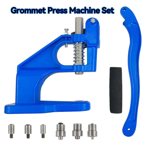 Hand Press Grommet Machine Workhorse With 3000 Grommets And 3 Dies for signs posters scrapbooking showing machine, handle, and dies.