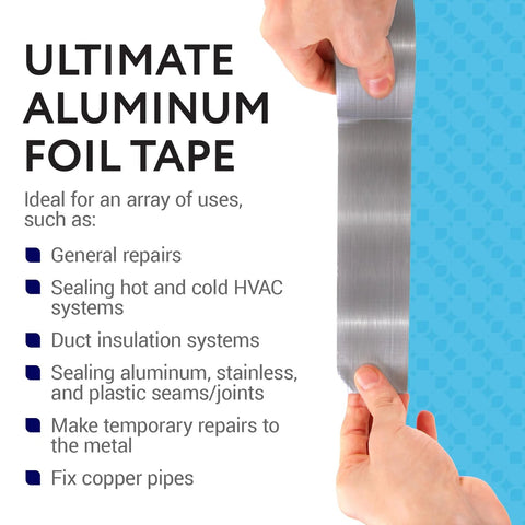 Silver aluminum foil duct tape being peeled from a roll by hands