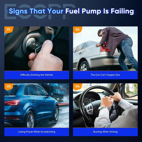 Four-image collage illustrating signs of fuel pump failure: difficulty starting, can't supply gas, losing power, buzzing noise.