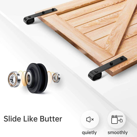 EaseLife 8 Ft Sliding Barn Door Hardware Track Kit With Basic J Ball Bearing Pulley Smooth Quiet Rolling For 40 To 48 Inch Wide Single Door Aluminum Black Powder Coated Anti Corrosion Finish Easy Install shown with close-up of pulley and door hardware