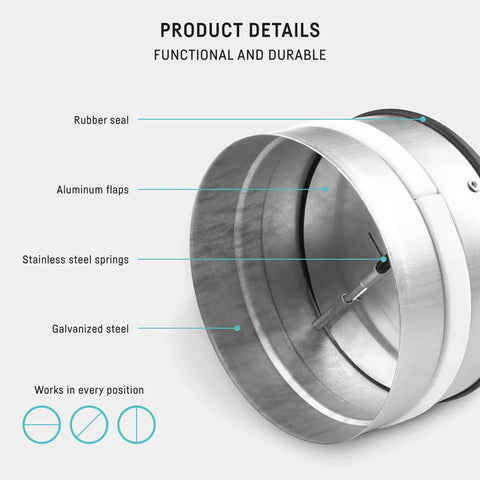 Product details of Inline 4 Inch Backdraft Damper With One Way Airflow Check Valve for ducting, showing aluminum and steel components.