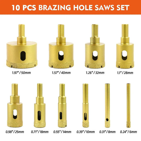Diamond Hole Saw Kit For Ceramic Tile Glass Porcelain Marble And Granite, 10 Pcs Dry And Wet Core Bits, front view