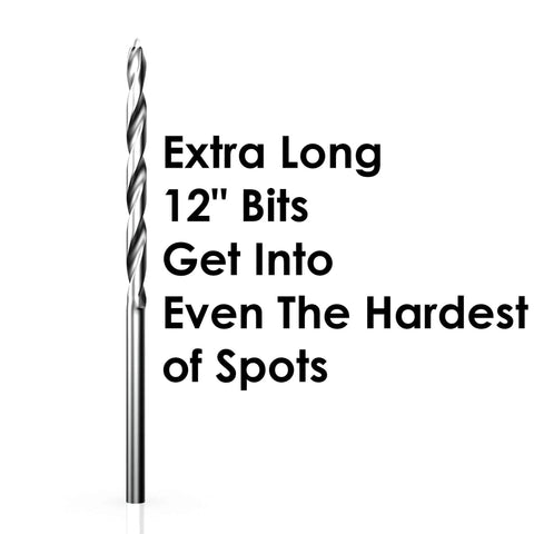 Extra Long 12 Inch Brad Point Drill Bit Set For Wood With Titanium Coated High Speed Steel Bits Pro Grade Pack Ten From One Eighth Inch To One Half Inch Includes Storage Sleeve For Deep Holes And Precision Woodworking, showing a single drill bit.