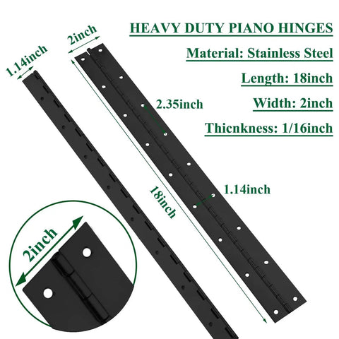 Heavy Duty Piano Hinges 2 Pack 2 Inch Open Width 18 Inch Continuous Stainless Steel Hinges With 0.06 Inch Thick Black Stainless Finish Pre Drilled Holes Easy Mount Rust Resistant Durable Cabinet Doors Furniture Woodworking diagram