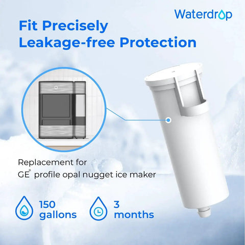 Waterdrop GE Profile Opal Nugget Ice Maker replacement water filter, 3-pack, BPA-free, NSF 42/372 certified, side view.