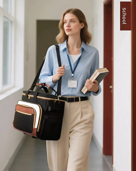 Person carrying Three Way Carry Rolling Tote Bag With Detachable Dolly And Laptop Compartment For Teachers And Professionals Quilted Design In Black Beige And Brown Fits Up To 17.3 Inch Laptop