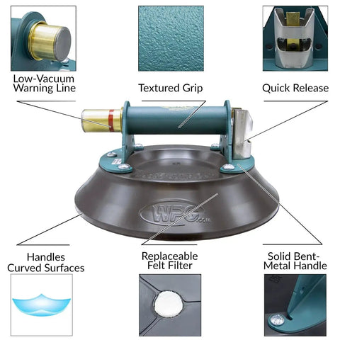 10 Inch Concave Vacuum Cup With Metal Handle And Red Line Vacuum Loss Indicator showing features including low-vacuum warning line.
