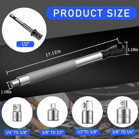 Compact Offset Extension Wrench For Electric Drills And Impact Wrenches, Slim Profile Built To Fit Tight Spots, Includes Four Socket Sleeve Adapters And One Half, Three Eighths, One Quarter Inch Drill Adapters, Tungsten Steel Construction displayed with size and adapters