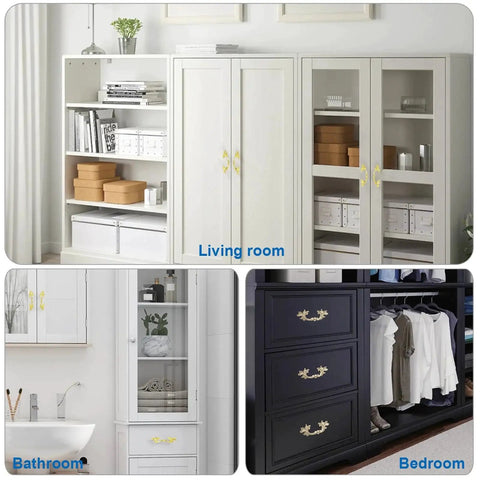 French Provincial Vintage Drawer Pulls 5 Inch Cabinet Handles on white and black furniture in living room, bathroom, and bedroom.