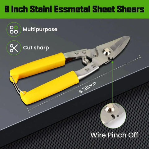 8 inch stainless steel sheet shears with yellow handles, shown on a dark surface, feature multipurpose and sharp cutting abilities.