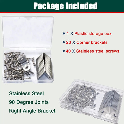 20 Pack L Bracket Corner Brace Set In Stainless Steel 30mm By 30mm 2mm Thick Right Angle Joints With Rust Resistant Round Ends Countersunk Holes Includes 40 Screws For Wood Cabinets And DIY Furniture Projects packaging
