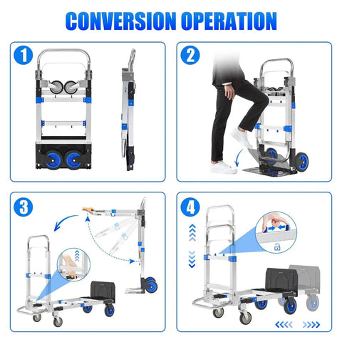 Conversion steps for 3 In 1 Aluminum Folding Hand Truck Dolly Cart With Wheels Up To 600 Lbs Capacity Heavy Duty Collapsible Convertible Trolley