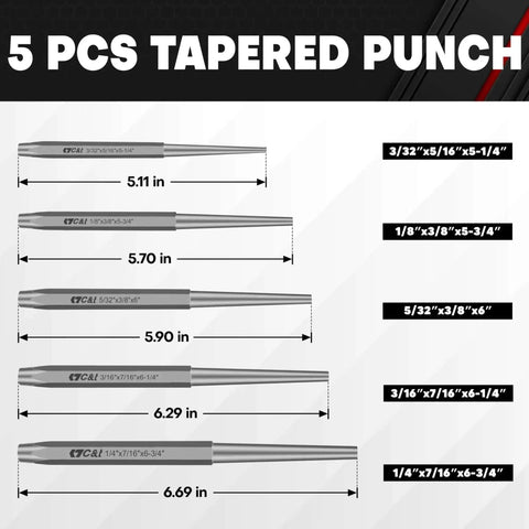 Five PCS tapered punch sizes from the Sixteen Piece Punch And Chisel Set With Storage Pouch Including Taper Punches Cold Chisels