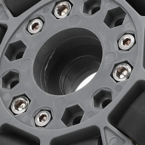 Close-up of mounting holes on 100mm Double Plastic Omnidirectional Wheel For Robots With 360 Degree Mobility And Rubber Rollers Built Tough 20Kg Load Capacity Easy Maneuverability for Tight Spaces