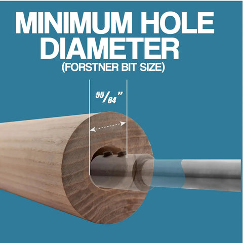 Close-up of heavy duty Forstner bit extension set in wood showing minimum hole diameter for three eighths inch shank bits.