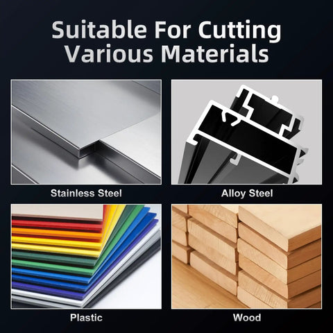 Graphic showing materials cut by Beefy Heavy Duty Carbide Hole Saw Kit, including stainless steel, alloy steel, plastic, and wood.