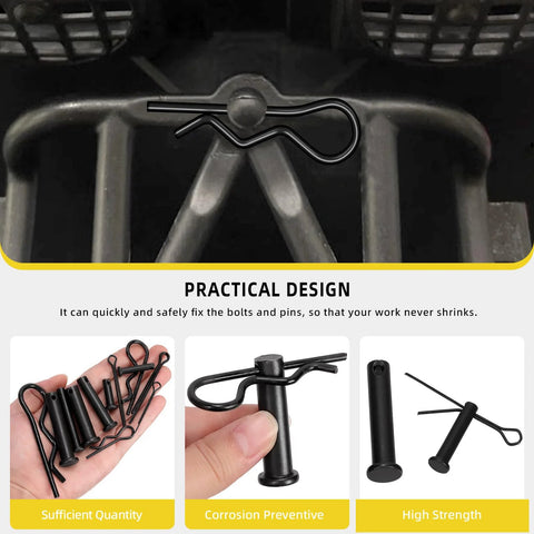 Carbon Steel Clevis Pin And R Clips Kit 100 Piece Assortment With 10 Sizes M5 M6 M8 shown installed and in hand