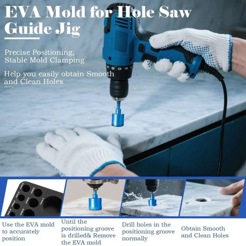 User operating EVA Mold for Hole Saw Guide Jig on countertop with drill.