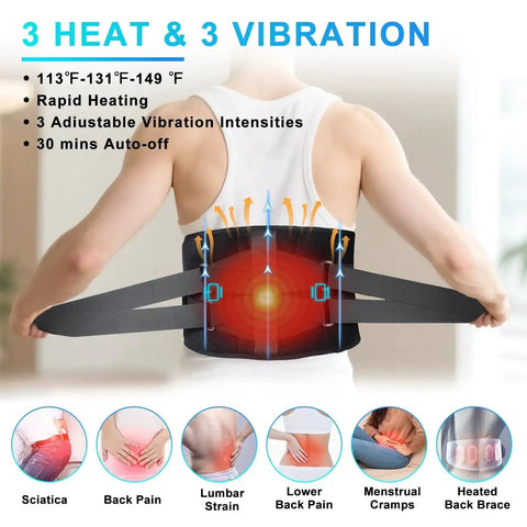 Person wearing Cordless Back Heating Pad with 3 Heat Levels and 3 Vibration Modes, showing heat and vibration features for lower back relief.