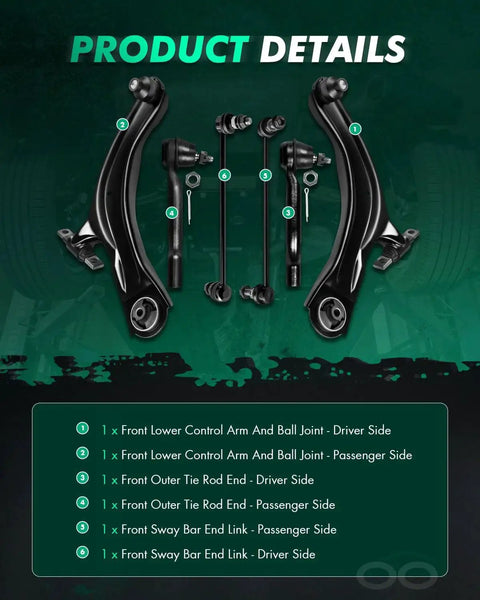 SCITOO 6-piece front suspension kit: lower control arms with ball joints, outer tie rod ends, sway bar links for Rogue