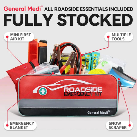 Essential 127-Piece Car Emergency Kit With Mini First Aid Kit Includes Jumper Cables Tow Rope Safety Vest And Emergency Triangle For Roadside