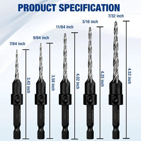 Five Pack Countersink Drill Bit Set For Wood And Metal With M2 High Speed Steel Pro Grade Four Flute Design Adjustable With Hex Key