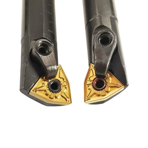 Close-up of an indexable boring bar set with S16Q MWLNR08 and S16Q MWNLNL08, featuring WNMG080404-CM carbide inserts for metal lathe turning.