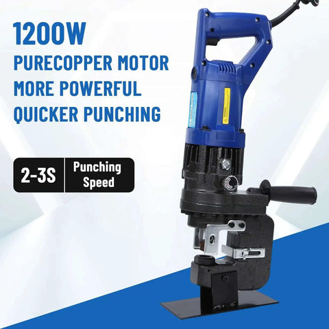 Heavy Duty 1200W Electric Hydraulic Hole Punch Tool 110V 10 Ton Output shown with pure copper motor and quick punching speed