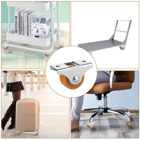 Collage showing 24 Pcs 1 Inch Caster Wheels With Metal Top Plate For Furniture Rolling Cabinets Trundle Beds And Drawers Silent Ball Bearing TPR Wheel Includes 60 Screws Durable Chrome Plated Steel Construction Lightweight Easy To Install installed on various furniture items.