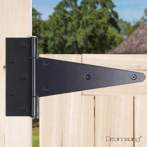 10 Inch T Strap Gate Hinges Heavy Duty Shed Barn Door Hinges Black Tee Hinges for Wooden Fence and Yard Gate installed on wood