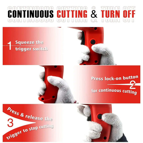 Illustrated steps for using Electric Metal Cutting Shear For 14 Gauge Steel And 16 Gauge Stainless, 4.0 Amp Corded Cutter, showing grip and lock-in buttons.
