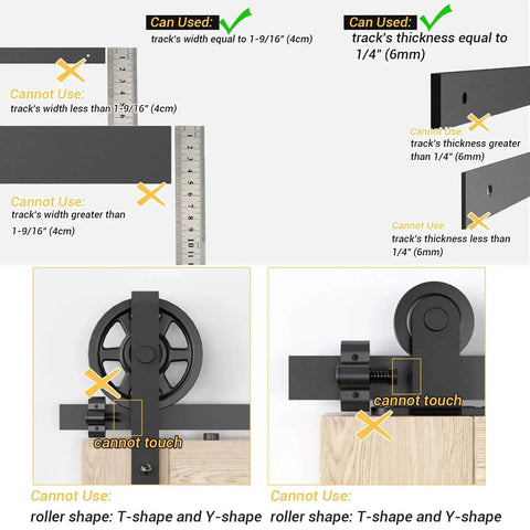 Sliding Barn Door Stop Upgrade Set Black Pair Of Stoppers For Top Track Hardware Prevents Wheels From Slipping Off Rail On Track Width Of One And Nine Sixteenth Inches And Track Thickness Of One Quarter Inch Suitable For Rollers Under Three And Fifteen inch restrictions and compatibility guide.