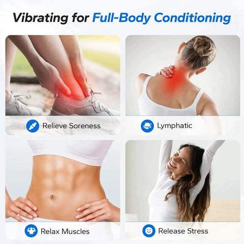 Illustration showing benefits of Whole Body Vibration Plate Exercise Machine For Home Gym Bluetooth Enabled with person relaxing.