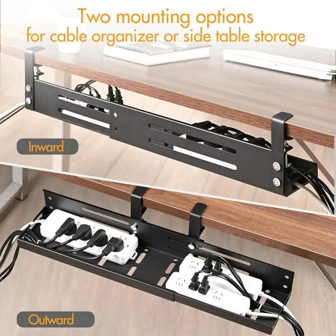 Under Desk Cable Management Tray With 17 To 30 Inches Retractable Cord Organizer, showing two mounting options under a desk