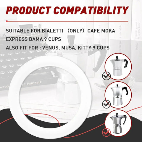 6 Pack Silicone Gasket Seals For Moka Express Dama 9 Cup Stovetop Coffee Maker displayed with compatibility details