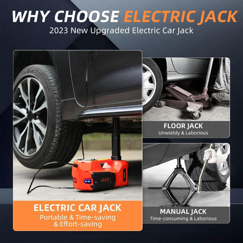 STANDTALL electric car jack orange portable 12V hydraulic floor jack with tire inflator and LED light set