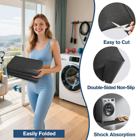Woman holding Anti-Vibration Floor Mat For Washer And Dryer, Large 62.9 X 29.5 Inches, Foldable Rubber Pad in laundry room
