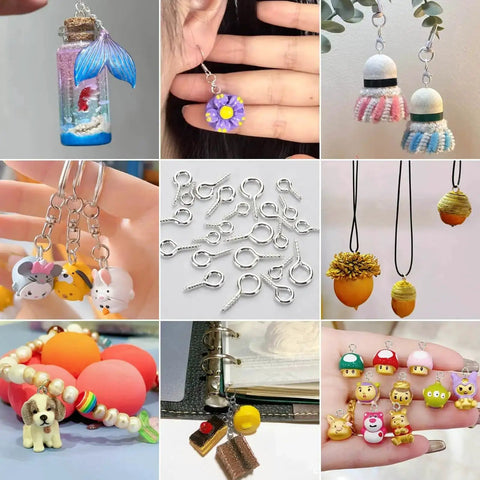Image collage showing jewelry made with All Purpose Screw Eye Pins Set for Jewelry Making, including animal charms, pendants, and bracelets.