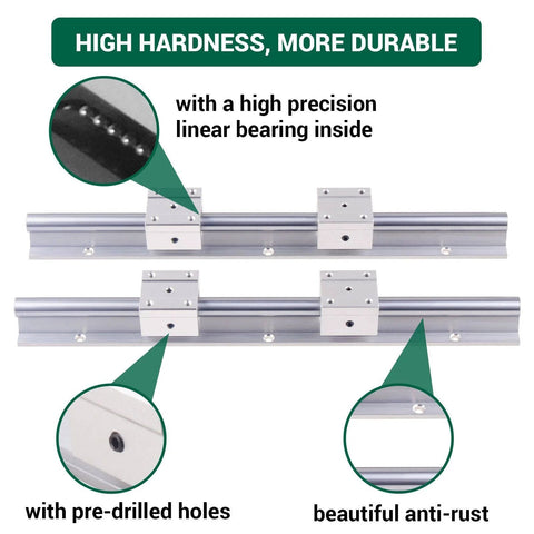 CHUANGNENG SBR20 linear rail pair with four SBR20UU bearing blocks, pre-drilled holes, aluminum anti-rust finish
