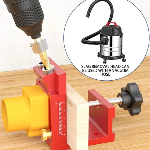 Pocket Hole Drill Jig With Dust Collection For Cabinet Installation, Deck Building, And Desk Assembly shown with wood and vacuum
