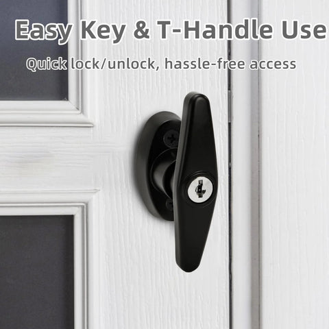 All In One Shed Door Latch Kit With T Handle Lock And Five Keys, shown installed on white shed door for heavy duty security