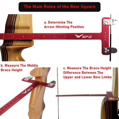 Must Have Archery Bow Square Nocking Pliers Kit For Recurve And Compound Bow Stringing Nocking Buckle Pliers T Shape Bow Square With Bow String Nock Sets Red Bundle showed measuring brace height on a bow.