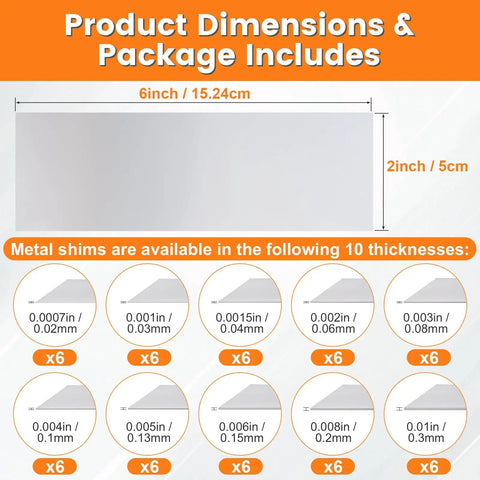 60 Piece Shim Stock Assortment 2 Inch Wide By 6 Inch Long Metal Shims For Leveling And Gap Filling 304 Stainless Steel Thin Strips, thicknesses listed.