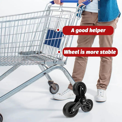Shopping cart with heavy duty stair climbing wheel replacement for folding shopping trolleys and material transport carts, black triangle core casters.