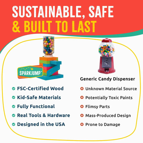Comparison of SparkJump Candy Dispenser Woodworking Kit versus generic dispenser, highlighting features and safety benefits