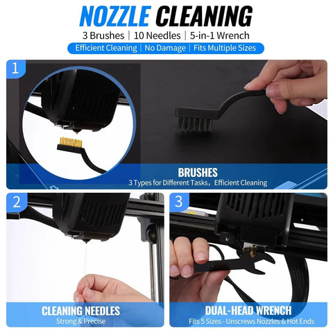 Close-up of nozzle cleaning tools including brushes, cleaning needles, and dual-head wrench from the 3D printer tools kit.
