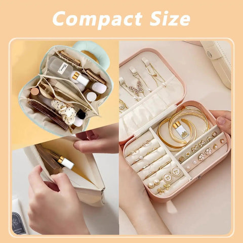 Compact storage cases for beauty products and jewelry in soft colors, showcasing organization for travel or home use.